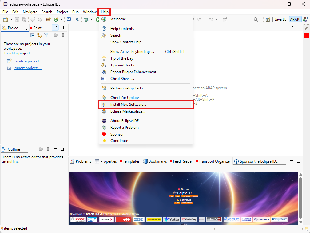 Install New Software... が選択された Eclipse の Help メニュー