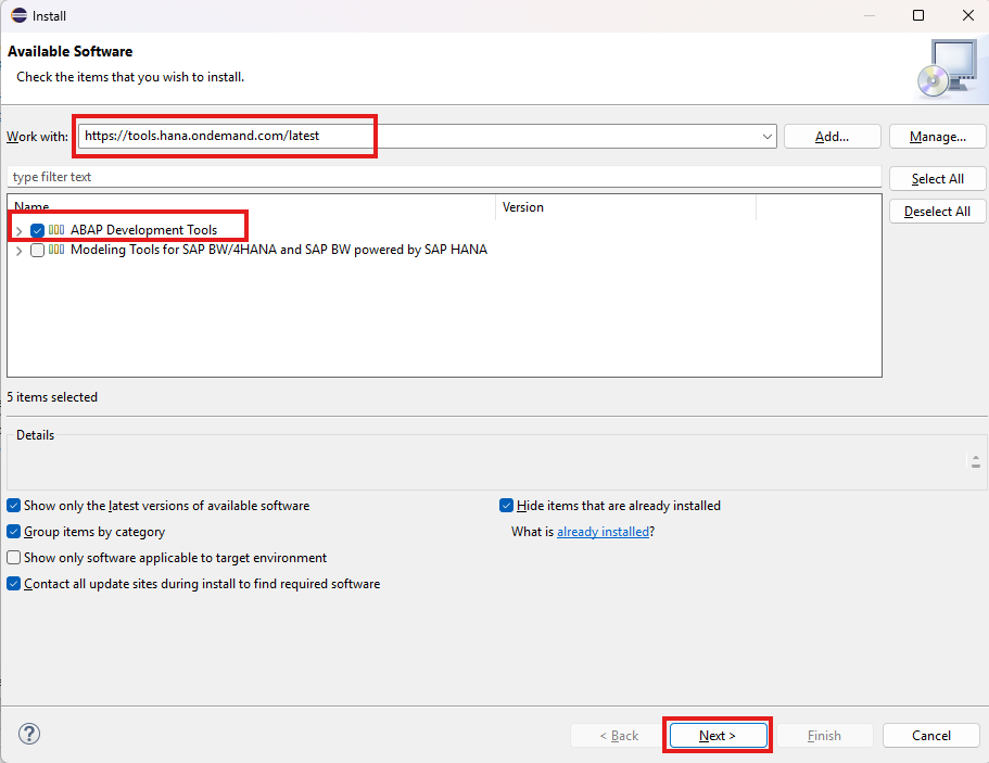 Work with が tools.hana.ondemand.com/latest で ABAP Development Tools がチェックされた Install ダイアログ