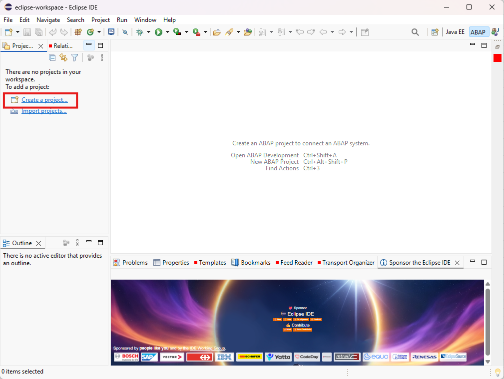 ADT インストール後、Project Explorer に Create a project... リンクがある Eclipse