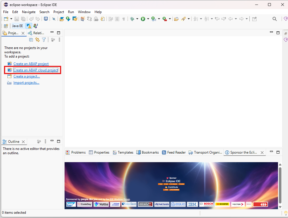 Create an ABAP cloud project リンクが選択された Project Explorer
