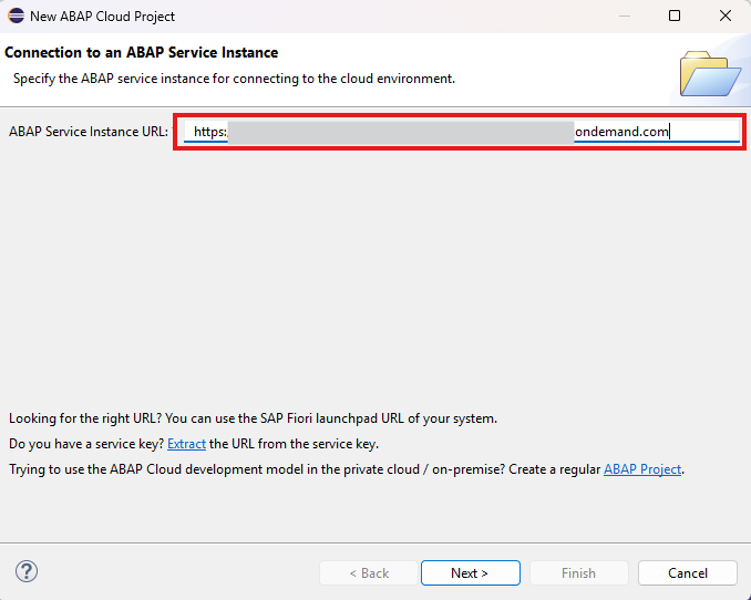 ABAP Service Instance URL 欄がある Connection to an ABAP Service Instance 画面
