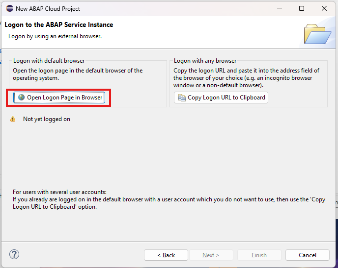 Open Logon Page in Browser ボタンがある Logon to the ABAP Service Instance 画面