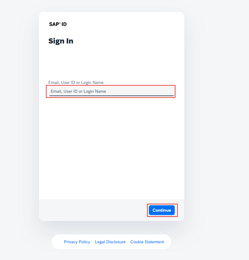 Email, User ID or Login Name 欄と Continue ボタンがある SAP ID Sign In ページ
