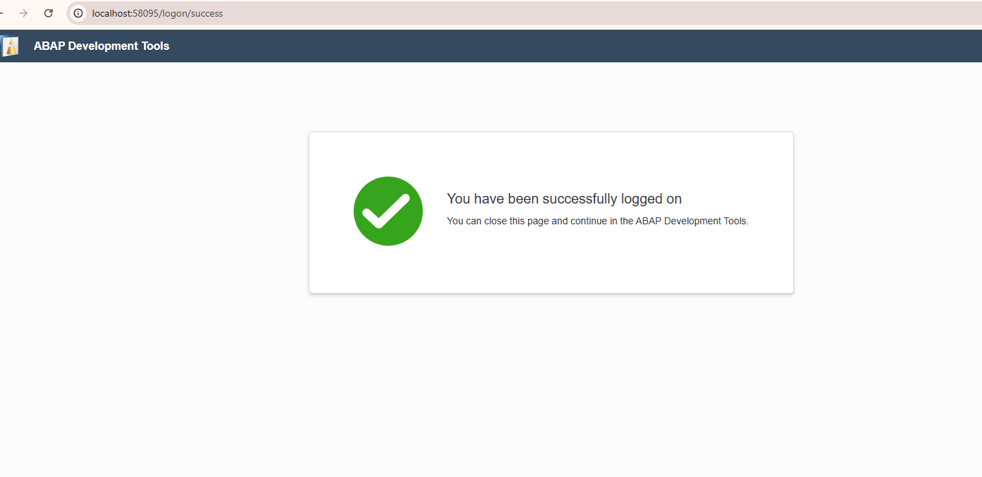 ABAP Development Tools の You have been successfully logged on を表示するブラウザーページ