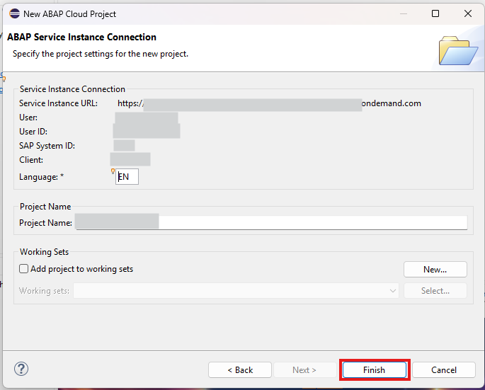 プロジェクト設定を要約する ABAP Service Instance Connection 画面と Finish ボタン