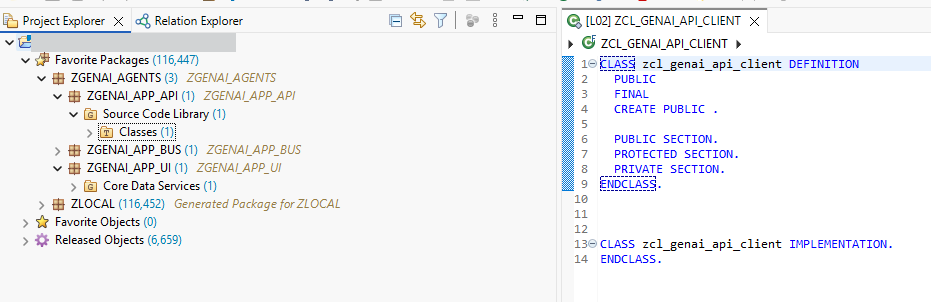 接続成功後、ABAP の package とエディターで開いた class が表示された Project Explorer